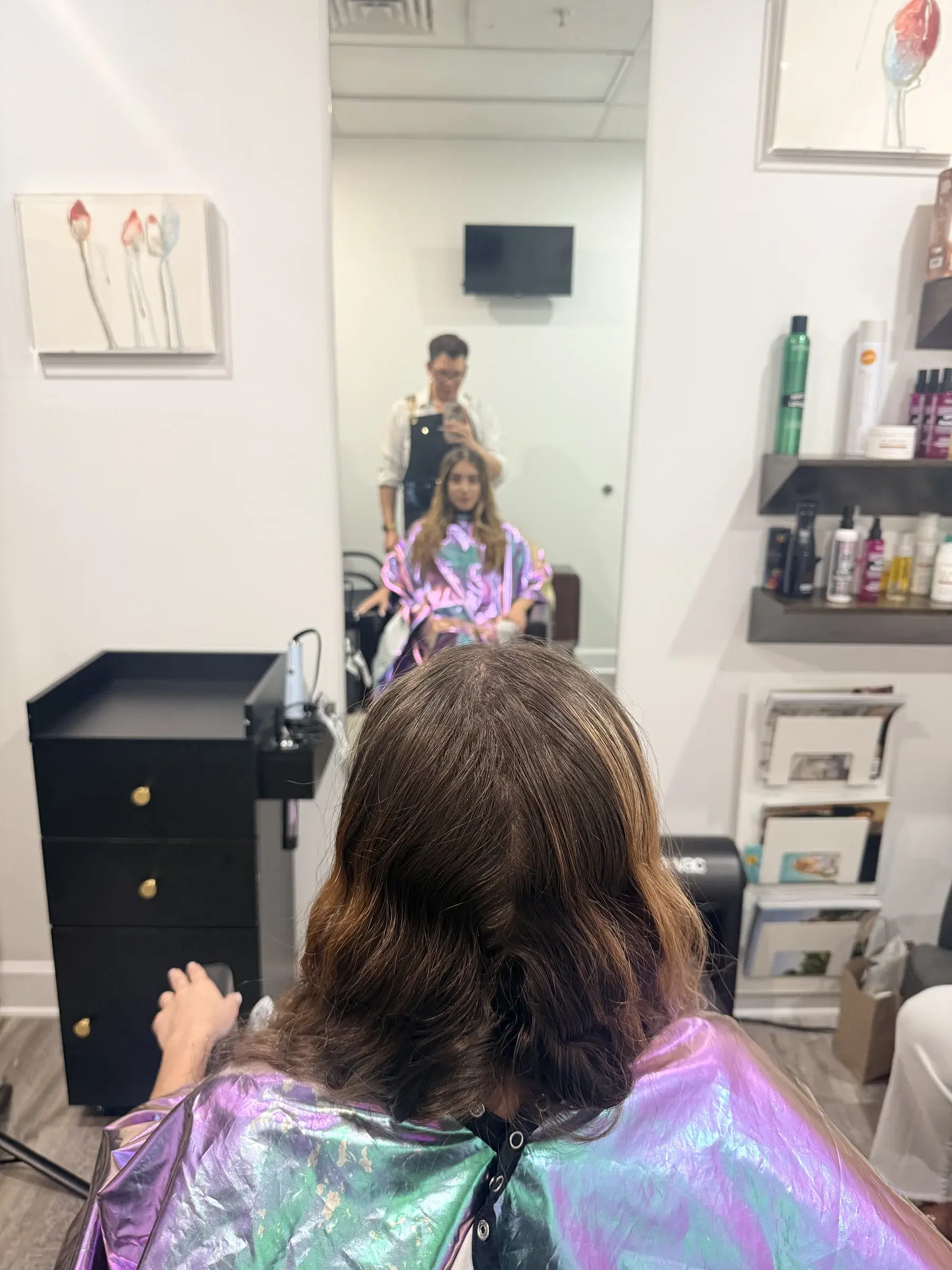 Dark brunette hair with grown-out lighter ends, before color, in the suite on 5th Avenue South