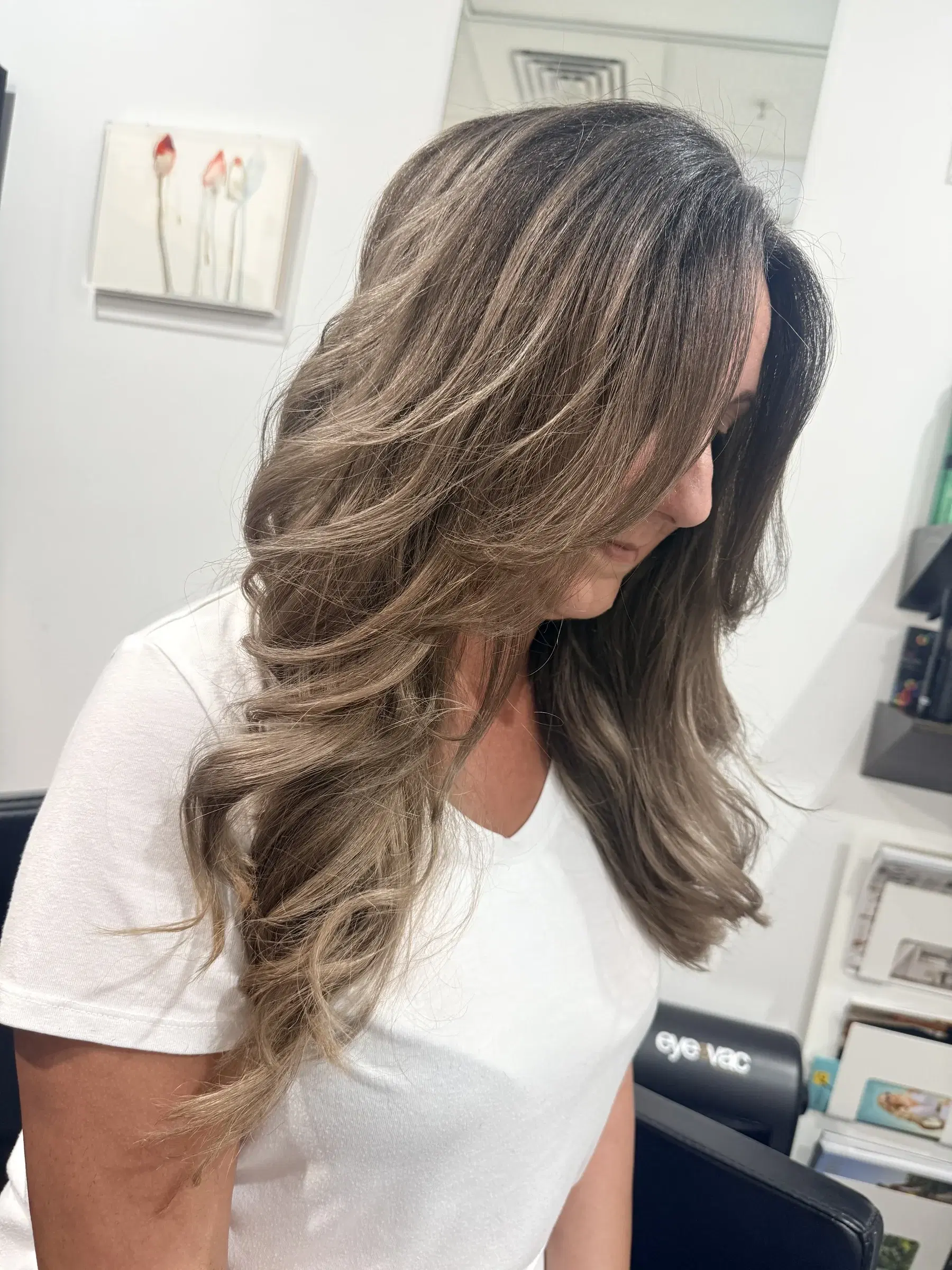 Rooted ash bronde waves, finished with a blow-dry