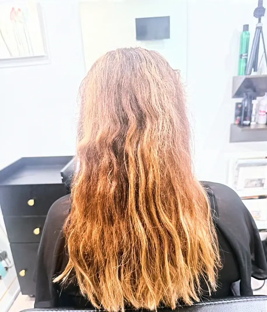 Long hair with heavy copper brass through the lengths, before a color correction and cut