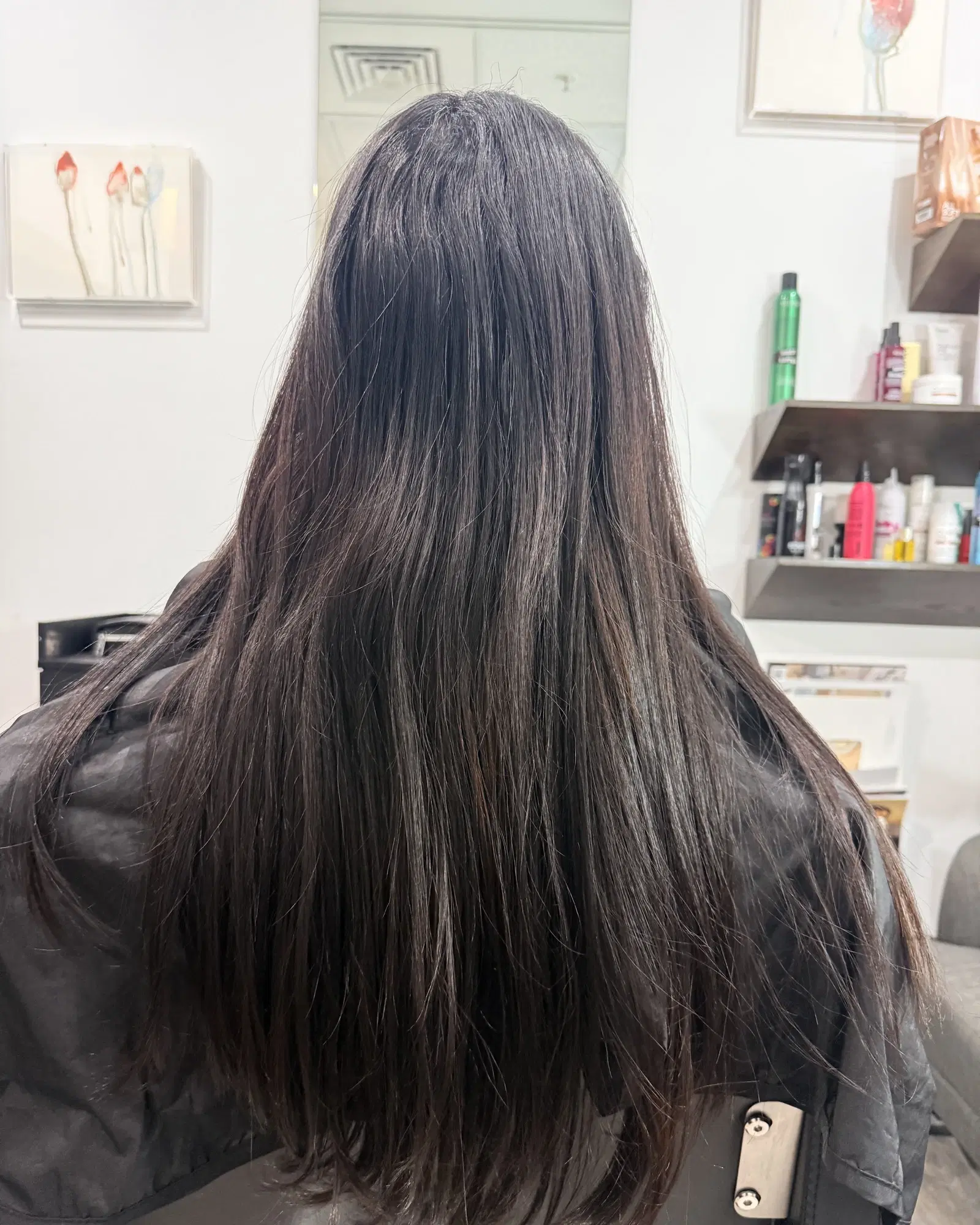 Long dark hair with brassy, faded ends before a gloss and treatment at The Real Blossom