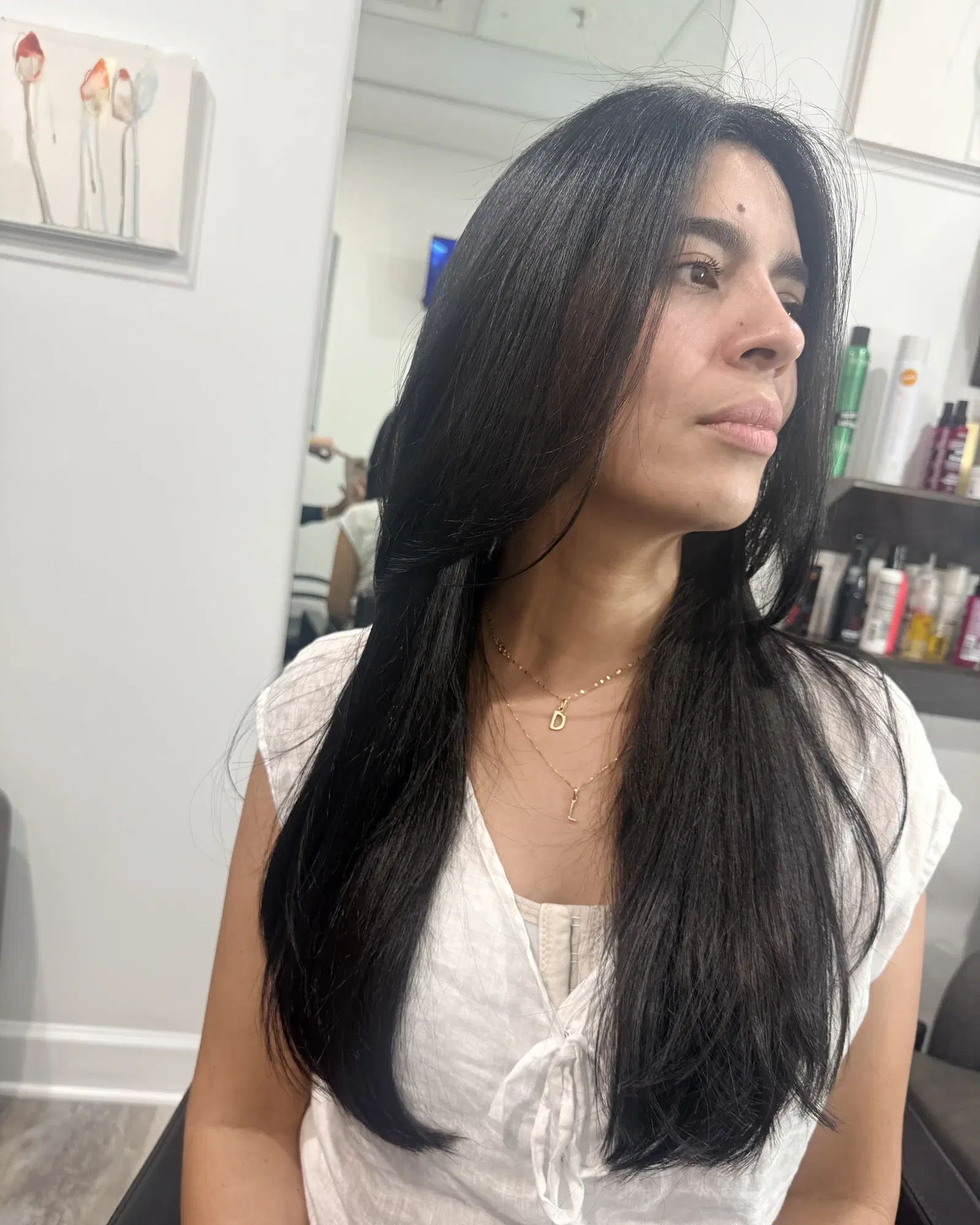 Glossy jet-black hair, long and straight, after a gloss and treatment