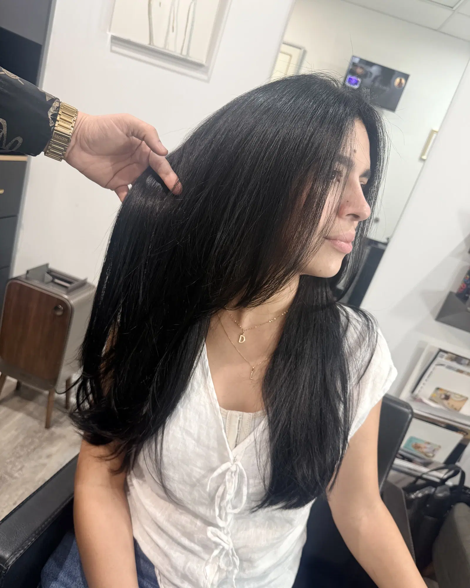 Rudy Perez Machado's hand in glossy jet-black hair