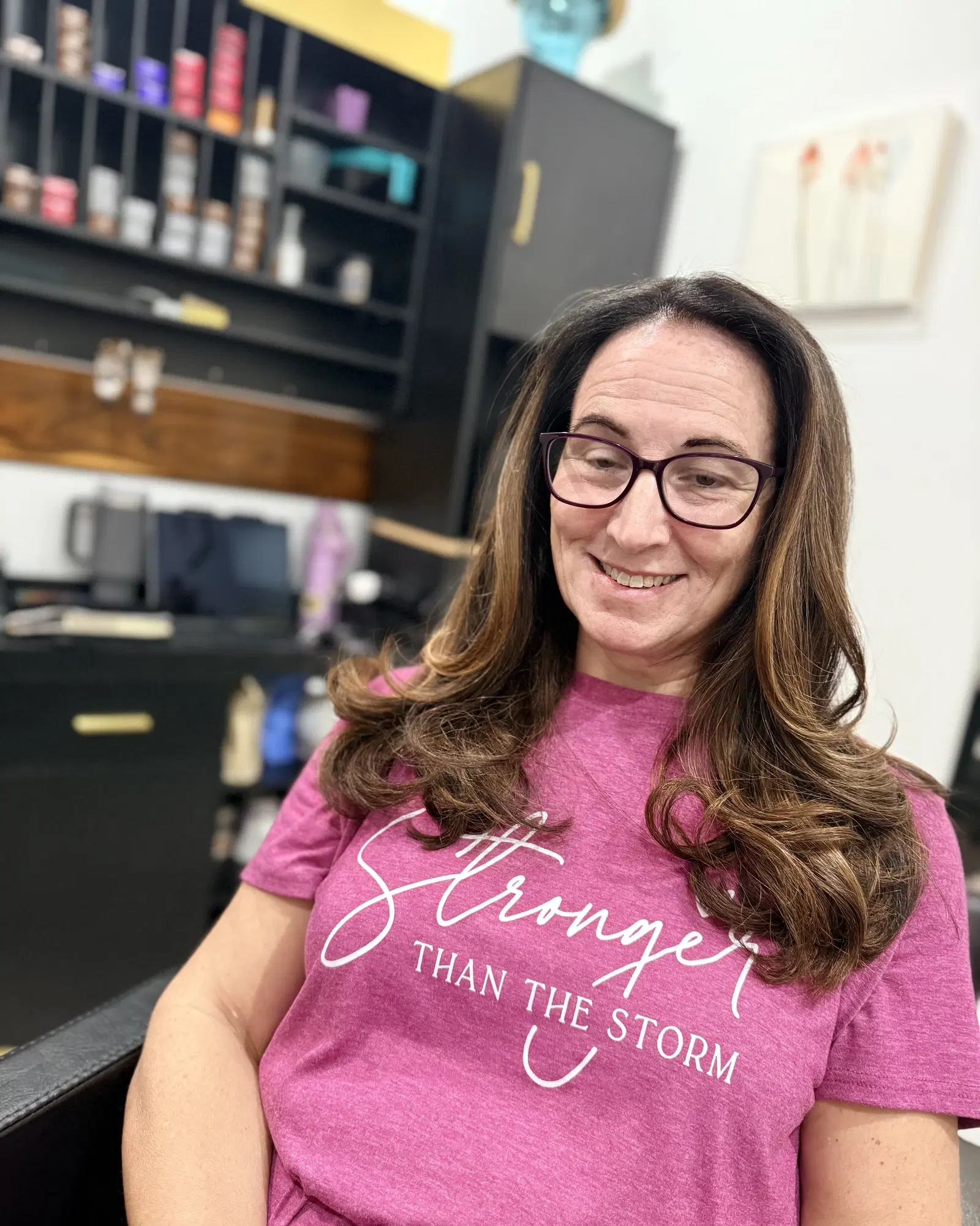 Caramel balayage with soft layers in profile, by Rudy Perez Machado