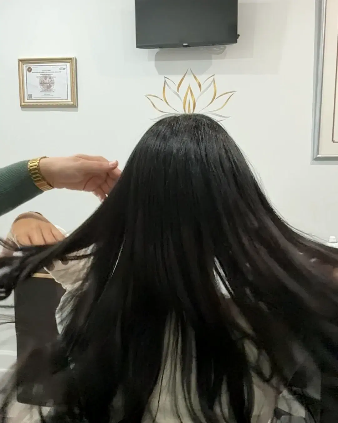 Long black hair in soft waves after a cut and blow-dry